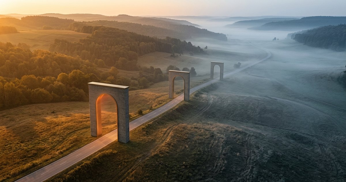 Three diminishing architectural archways along the road receding into the open misty valley, representing tapering exit loads